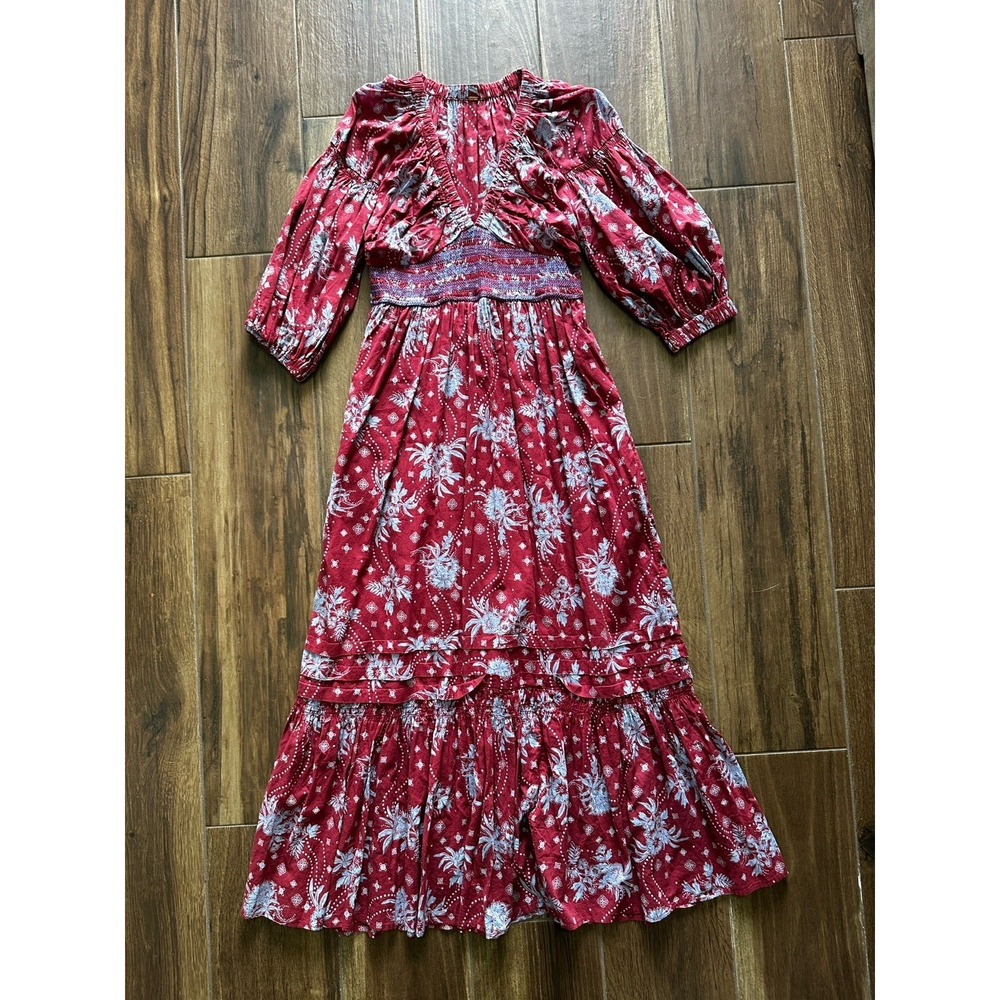 Free People Golden Hour Dress Floral Print Smock Waist Wine Combo Maxi Med Boho‎